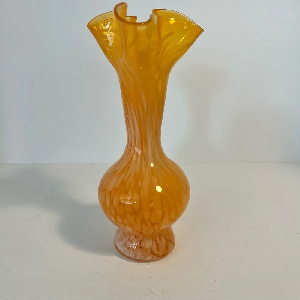 Vintage Orange and White Splatter Glass Vase with Ruffled Edge 6.5” Tall